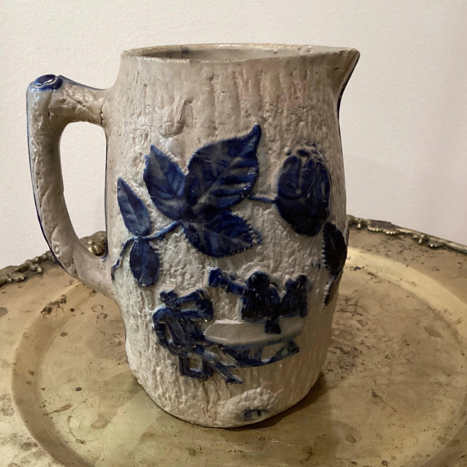 Antique Utica Whites Pottery Ny Blue Decorated Stoneware Jug Pub Scene Motif Circa 1880 - 3