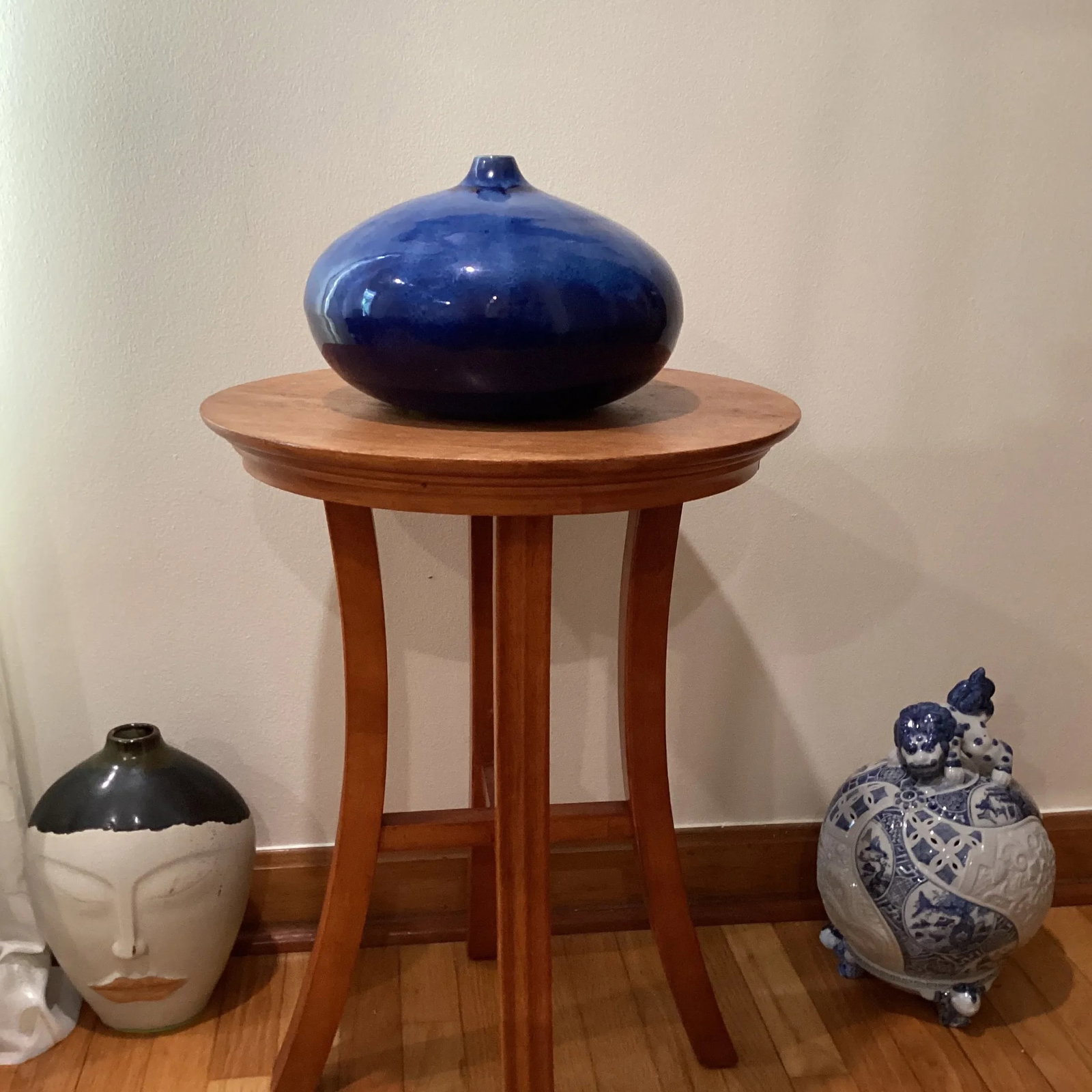 Vintage Stoneware Vase in a Round Form With a Short Cylinder Formed Neck Rich Blue Hare's Fur Glaze - 11