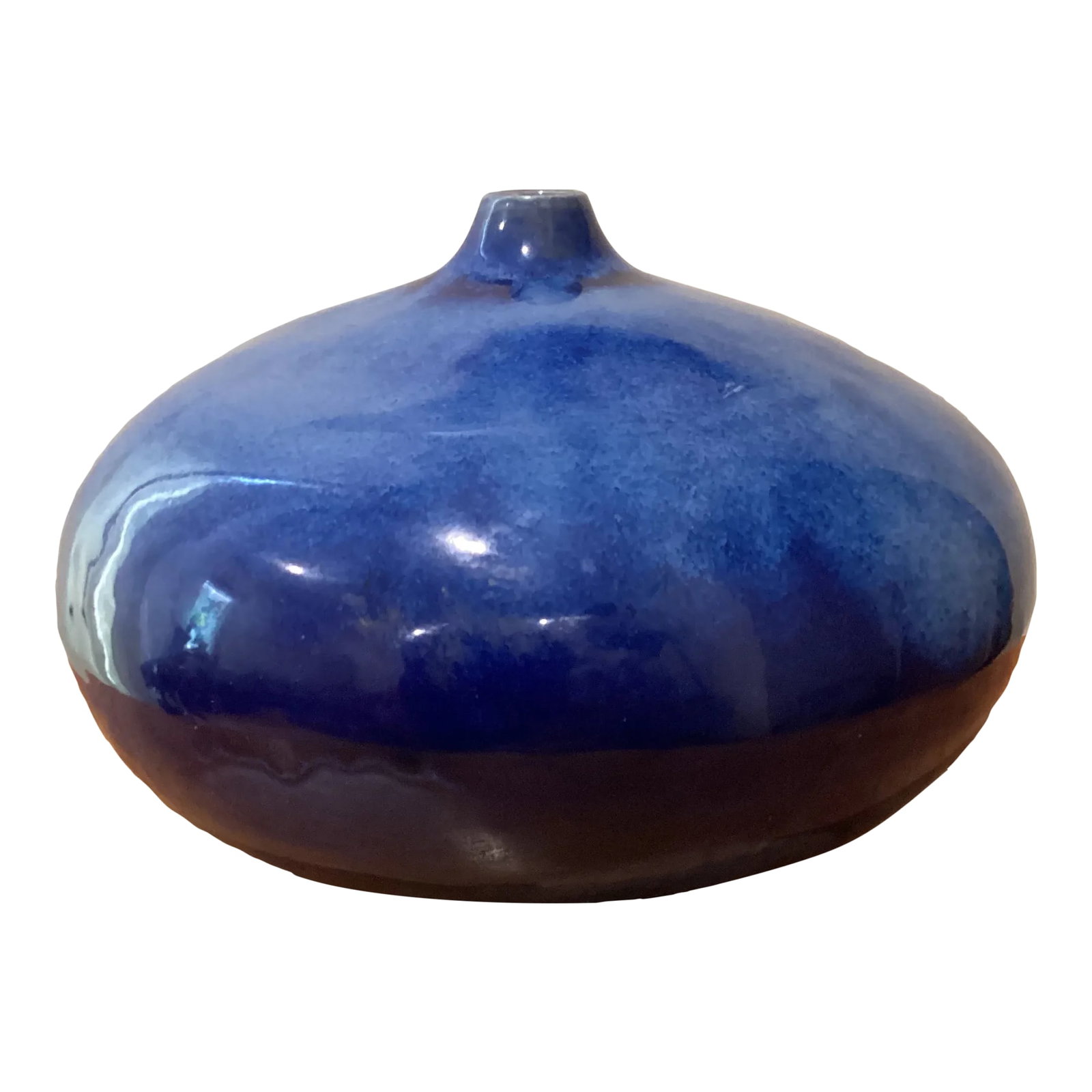 Vintage Stoneware Vase in a Round Form With a Short Cylinder Formed Neck Rich Blue Hare's Fur Glaze: Beautiful stoneware vase design. Vibrant "Aniara" glaze in bright blue with a meandering pattern in different hues. Vase with pure, composed designs with satiny, compelling glazes Stoneware vase in a 