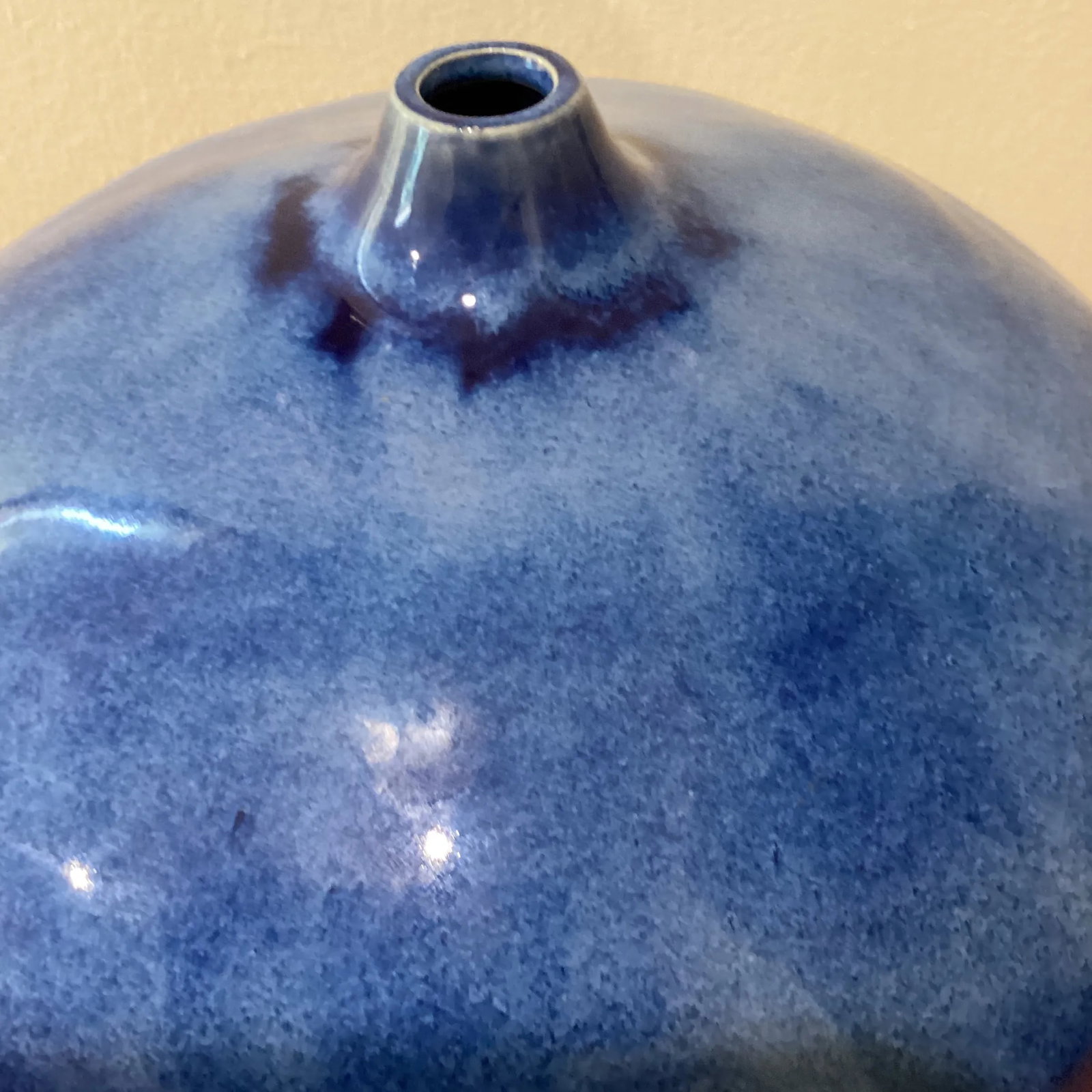 Vintage Stoneware Vase in a Round Form With a Short Cylinder Formed Neck Rich Blue Hare's Fur Glaze - 6