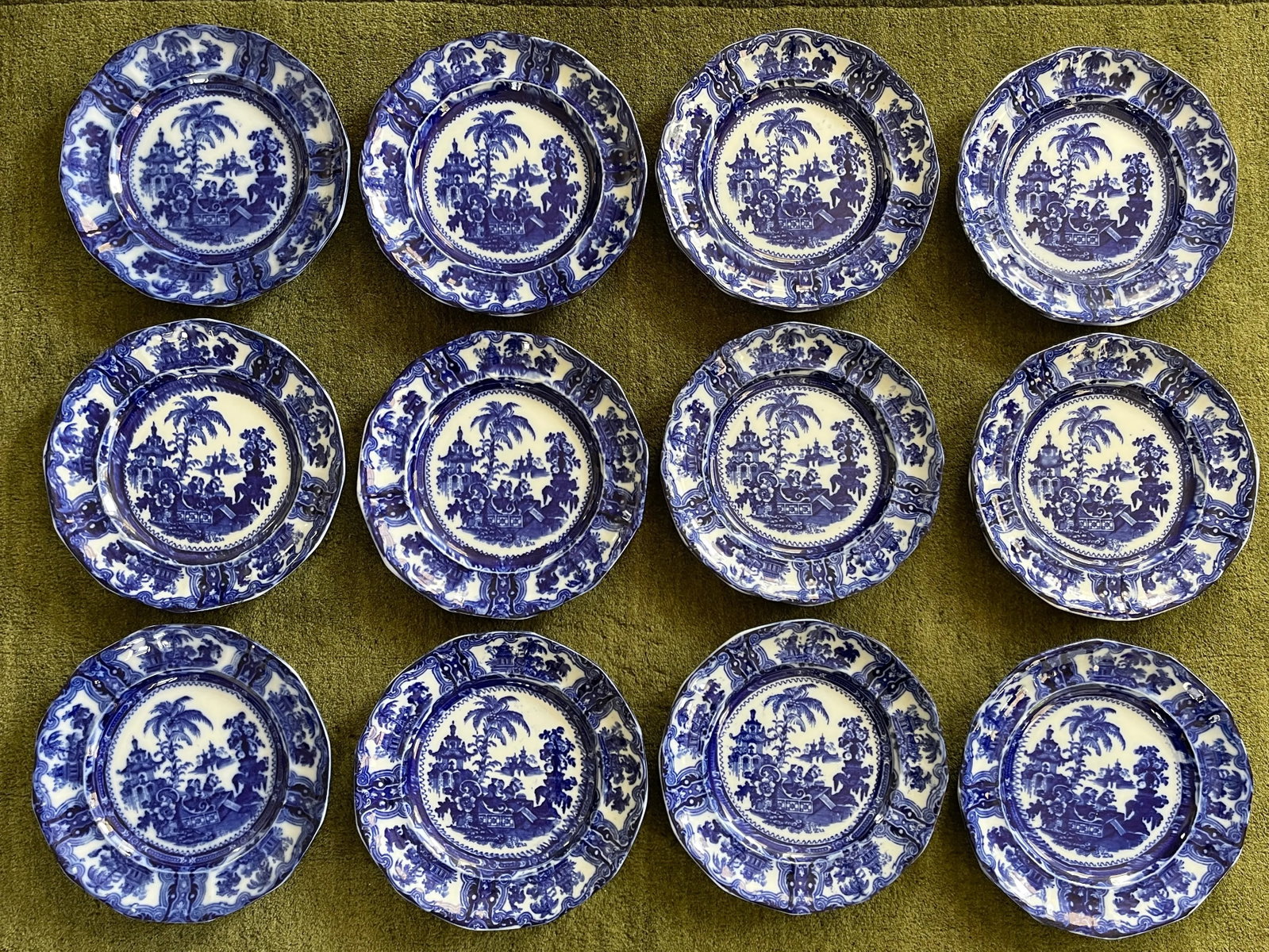 1800s W. Adams Co. England Kyber Flow Blue Dinner Plates - Set of 12 - 12