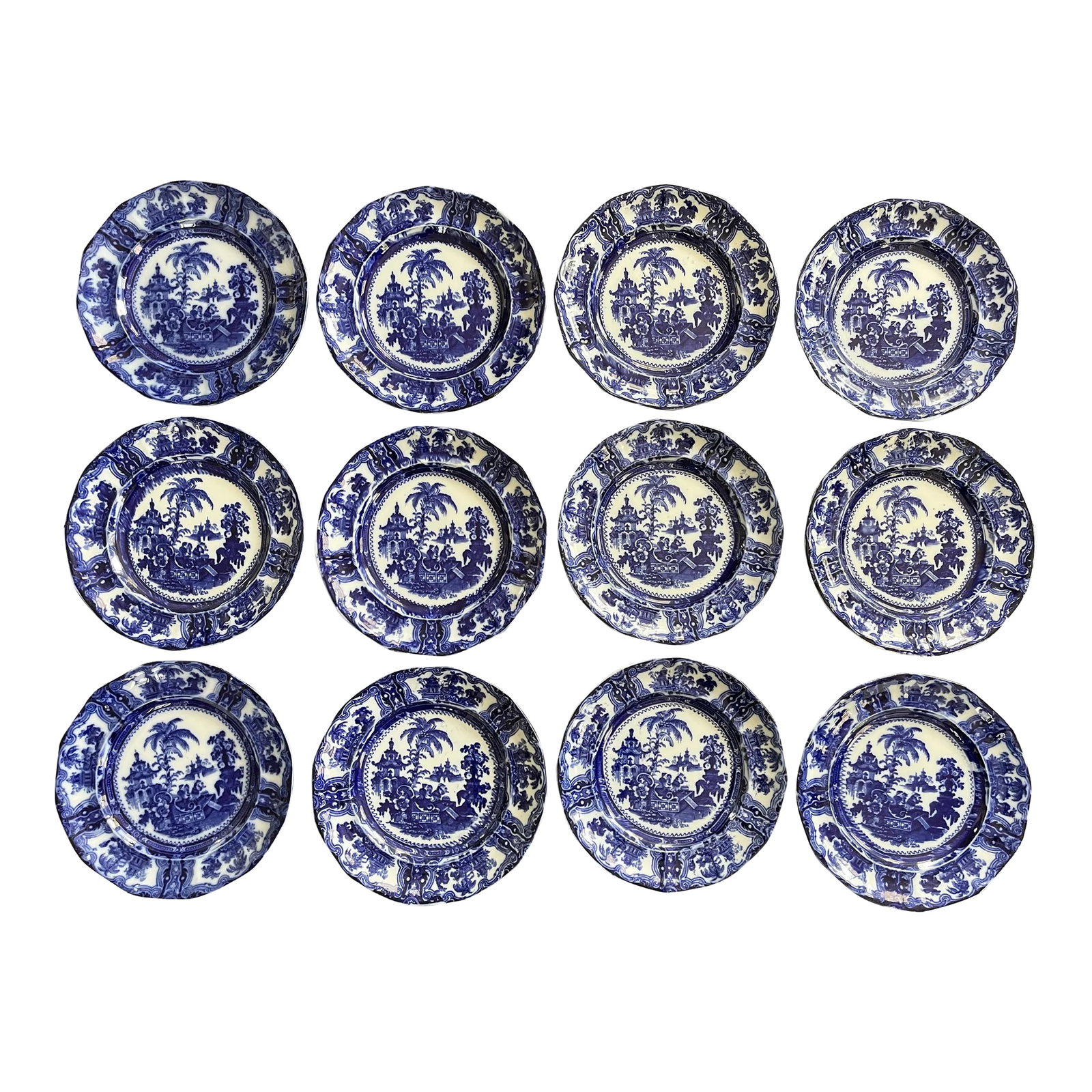 1800s W. Adams Co. England Kyber Flow Blue Dinner Plates - Set of 12: Stunning set of (12) matching flow blue dinner plates by W. Adams & Co. Kyber pattern. Circa mid-1800s. A set this large is a rare find! This set is in excellent condition for its age, minor imperfect