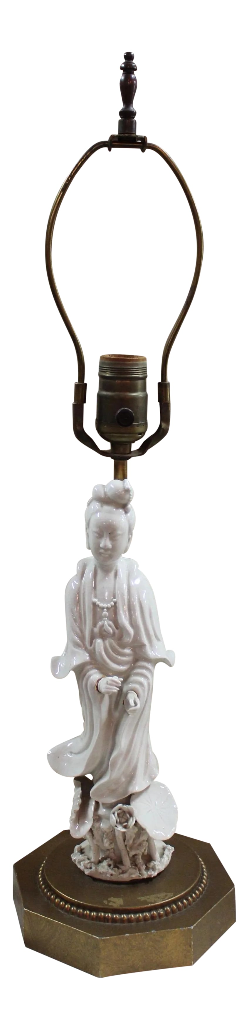 Guanyin Porcelain Lamp: Blanc de Chine figure of Guanyin, China, early 20th c. mounted as a lamp. The 15" height is from the base to top of the socket. Condition: Alterations: Original Design Modified Imperfections: Some Imp