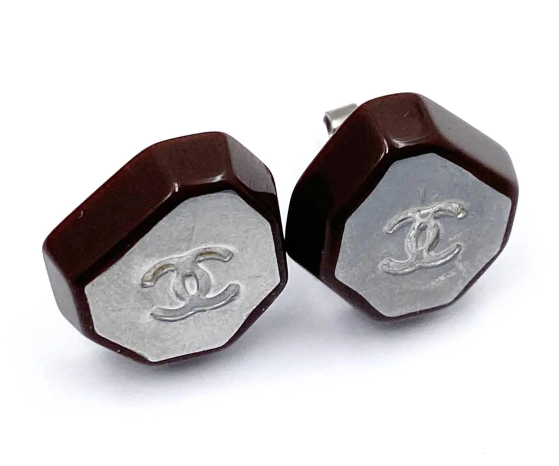 Chanel Burgundy Silver CC Piercing Earrings - 2 Pieces - 2