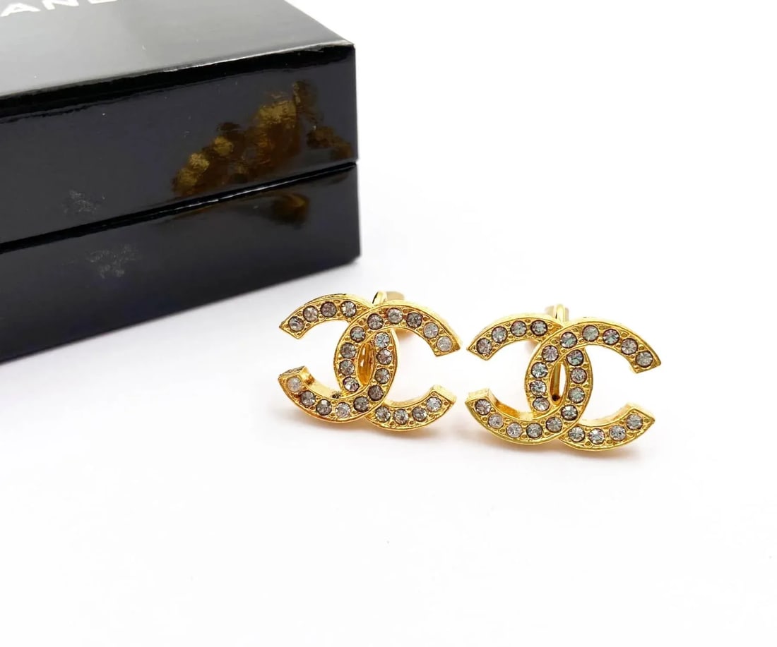Chanel Vintage Gold Plated CC Crystal Clip on Earrings - 2 Pieces - 2