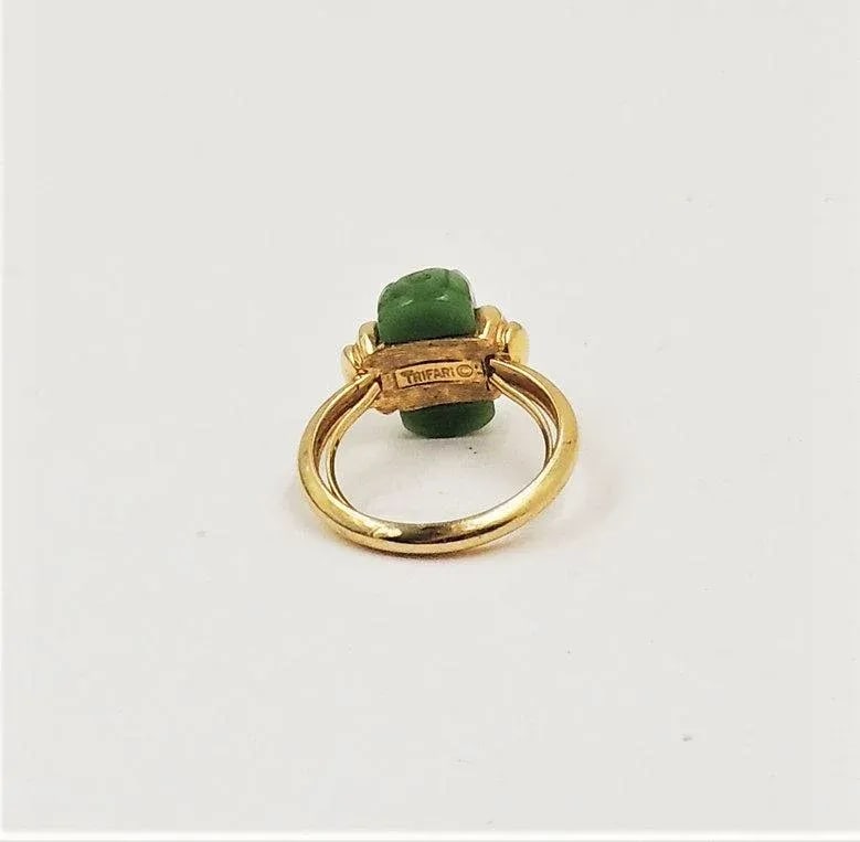 Vintage Signed Trifari Carved Faux-Jade Ring Size 6.5 - 3