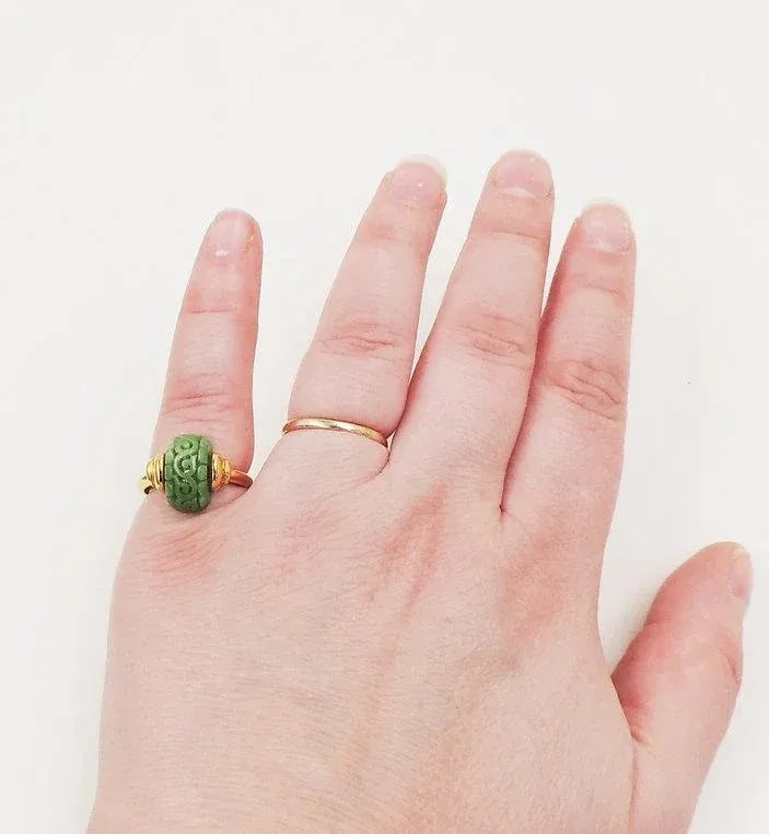 Vintage Signed Trifari Carved Faux-Jade Ring Size 6.5 - 7