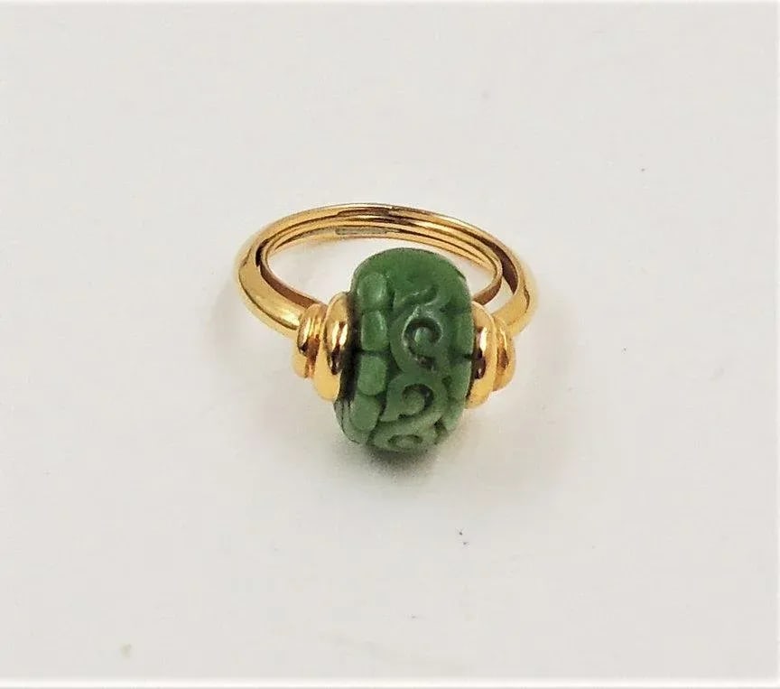 Vintage Signed Trifari Carved Faux-Jade Ring Size 6.5 - 8