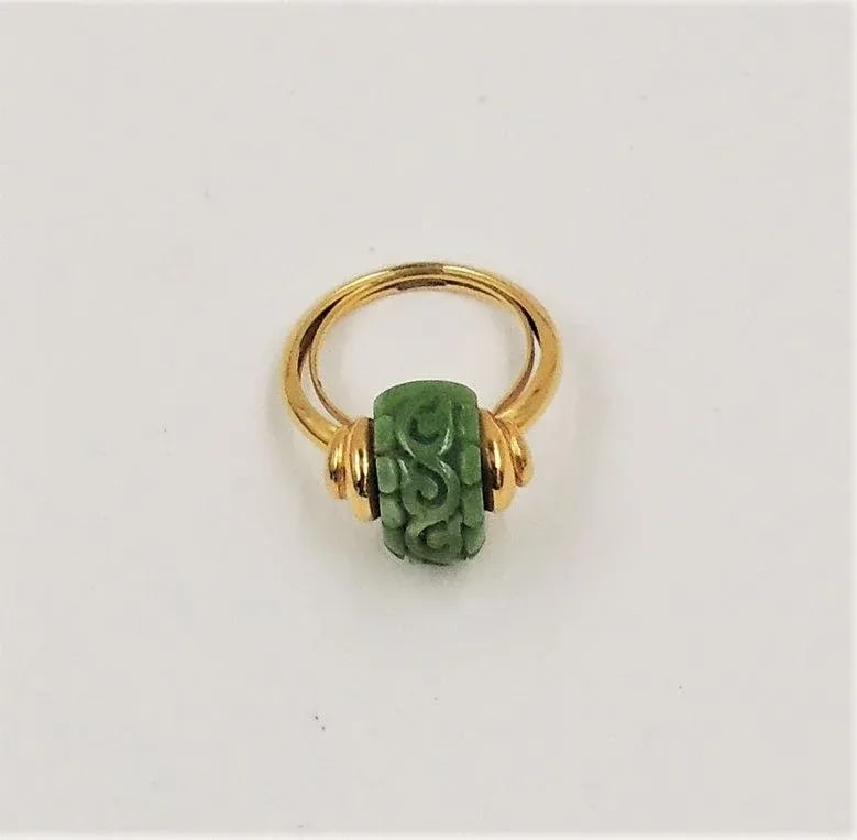 Vintage Signed Trifari Carved Faux-Jade Ring Size 6.5 - 9
