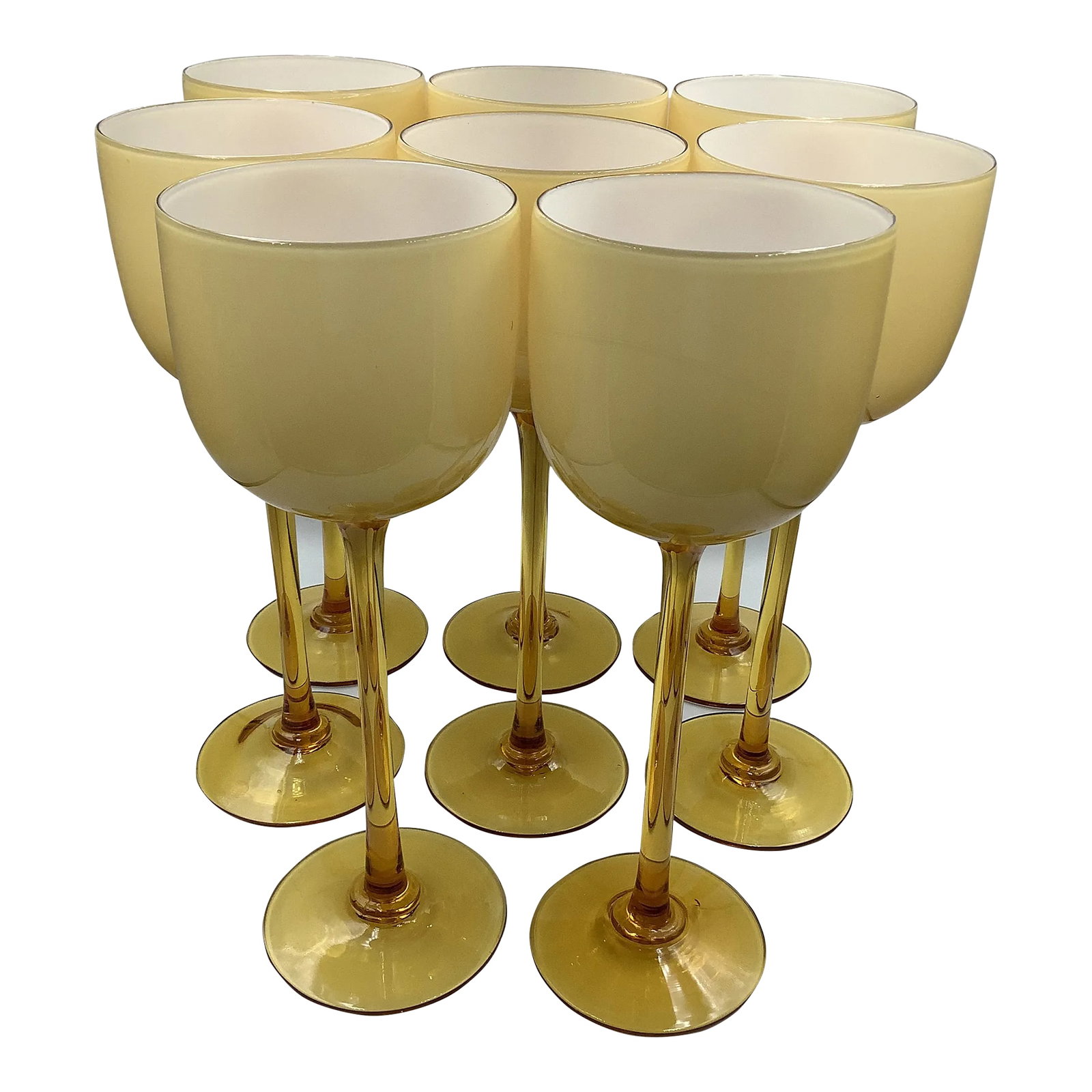 Vintage Carlo Moretti Italy Amber White Cased Glass Tall Stem Wine Glasses - Set of 8: A fabulous 60s hand blown Italian cased glass Carlo Moretti set of 8 tall wine glasses. The cased glass Amber with white is just gorgeous. They are in excellent condition. There is a small rough