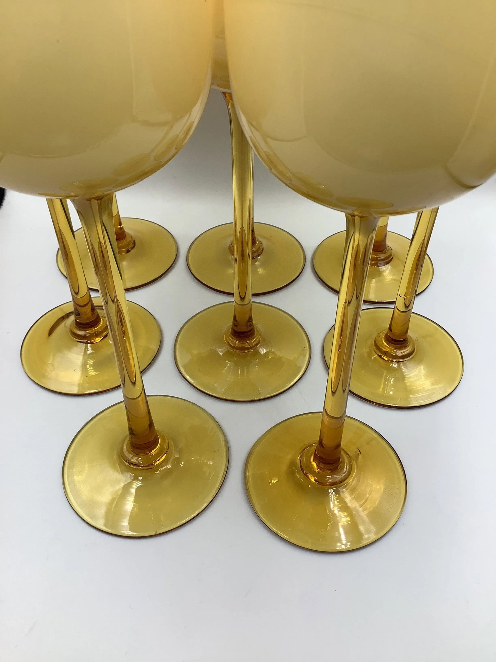 Vintage Carlo Moretti Italy Amber White Cased Glass Tall Stem Wine Glasses - Set of 8 - 2
