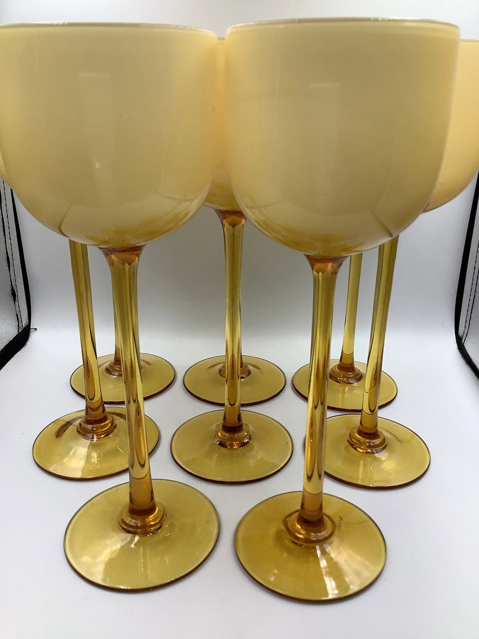 Vintage Carlo Moretti Italy Amber White Cased Glass Tall Stem Wine Glasses - Set of 8 - 5