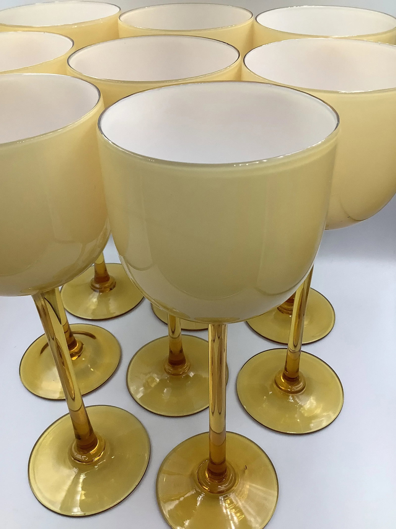 Vintage Carlo Moretti Italy Amber White Cased Glass Tall Stem Wine Glasses - Set of 8 - 6
