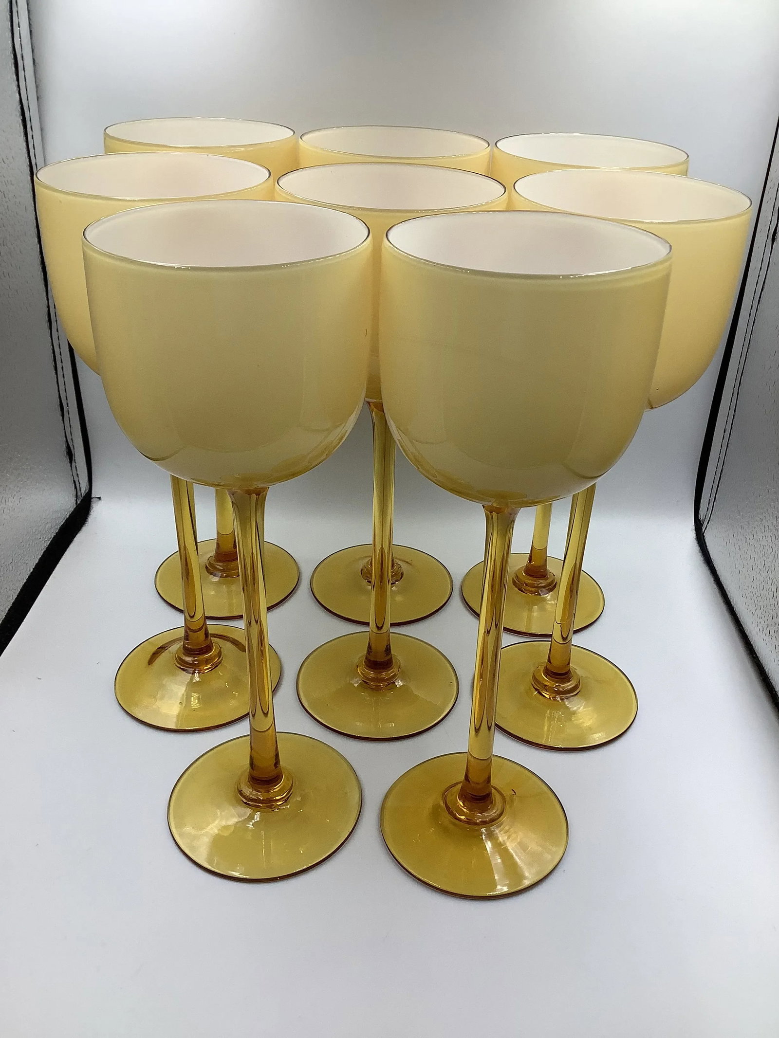 Vintage Carlo Moretti Italy Amber White Cased Glass Tall Stem Wine Glasses - Set of 8 - 7
