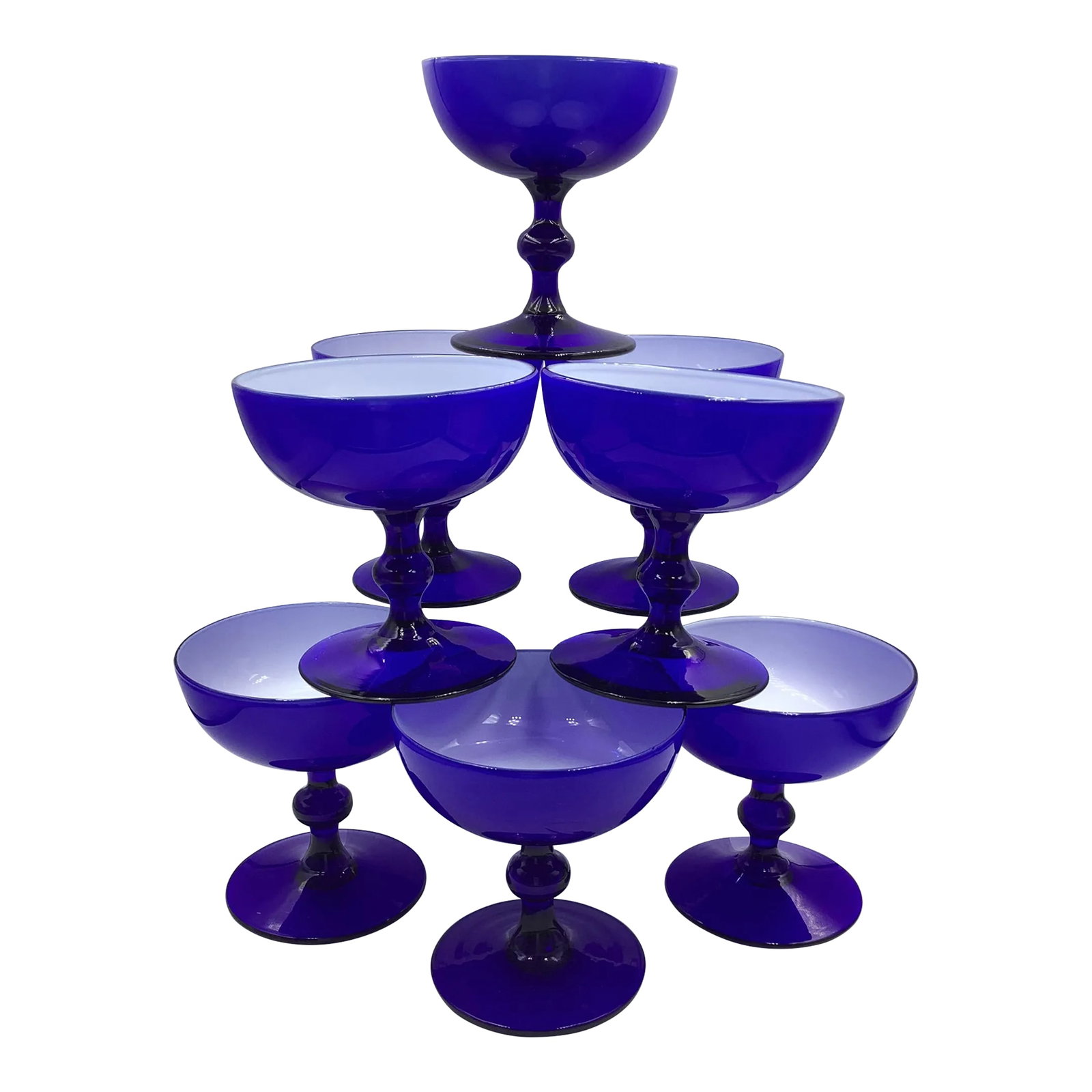 Carlo Moretti Italy Cobalt Blue Cased Glass Champagne Coupes Glasses - Set of 8: A Rare and gorgeous set of mid century hand blown Carlo Moretti cased glass champagne coupes in cobalt blue. The are in excellent condition and measure 3 3/4" x 3 1/2". Very hard to find in this
