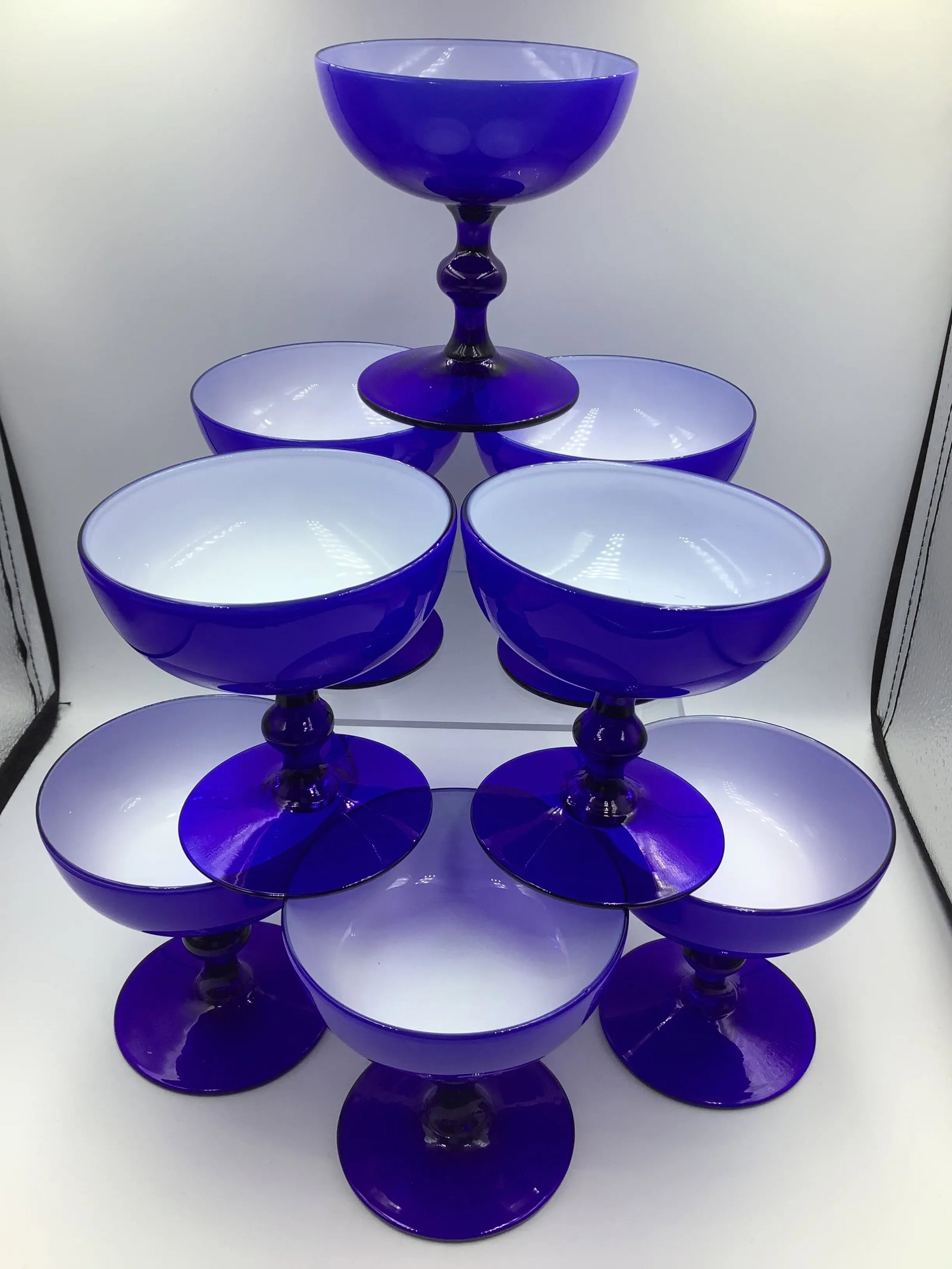 Carlo Moretti Italy Cobalt Blue Cased Glass Champagne Coupes Glasses - Set of 8 - 3