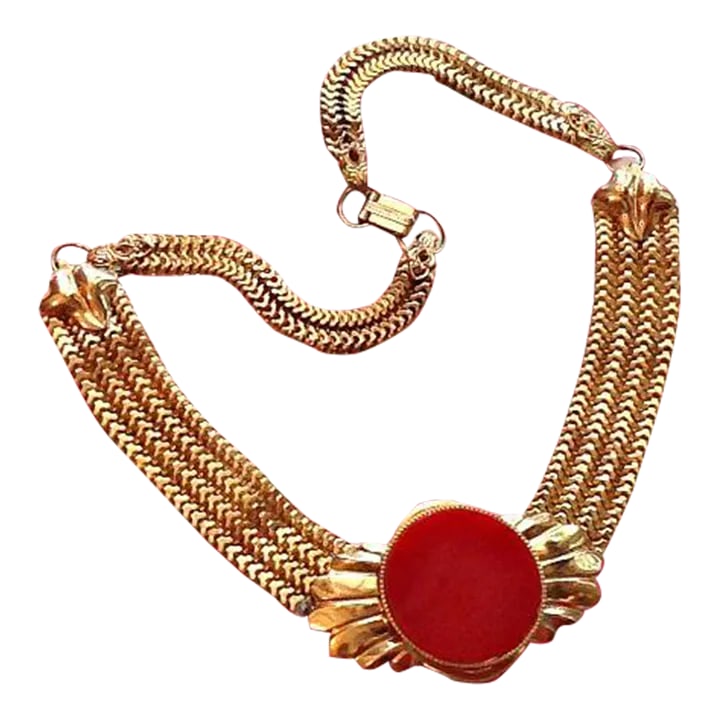 1930s Vintage Art Deco Celluloid Red Gold Choker Necklace: This is part of Chairish's Costume Jewelry assortment. Vintage Red Gold Necklace Choker Art Deco 1930s Celluloid ------------------ Striking gold and red necklace...four rows of gold chain that lead