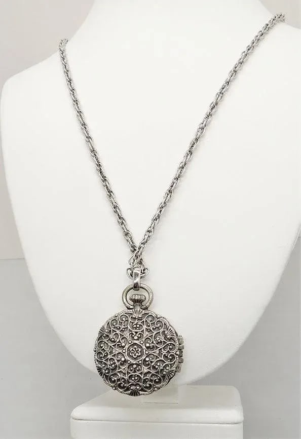 Vintage Signed Napier Silvertone "Pocket Watch" Locket Pendant Necklace - 2