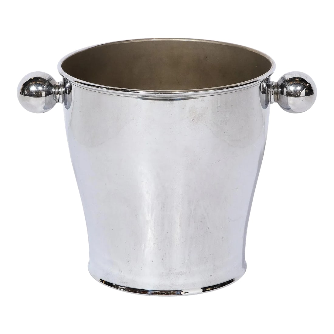 Mid-Century Modernist Ice Bucket in Chrome With Rounded Handles: This Mid-Century Modernist Ice Bucket in Chrome with Rounded Handles originates from Italy, Circa 1950. Featuring a gently tapered body leading to rounded handles on either side, this piece is