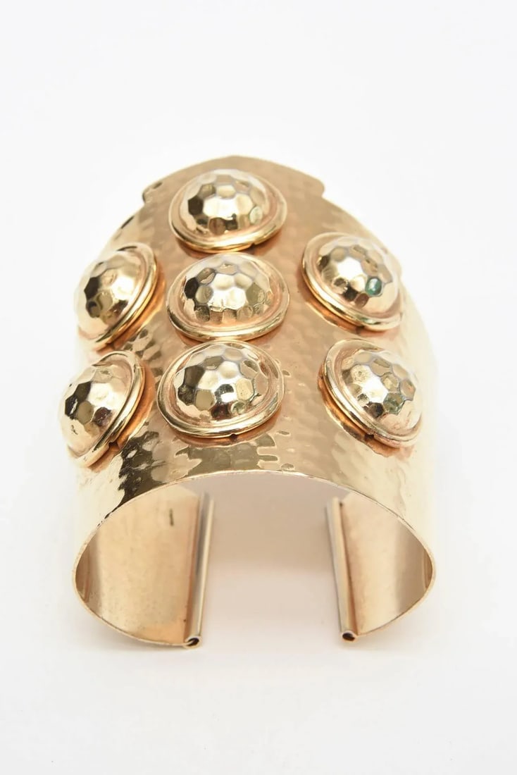 Vintage Brass Hand Hammered Wide Cuff Bracelet With Seven Raised Disks - 2