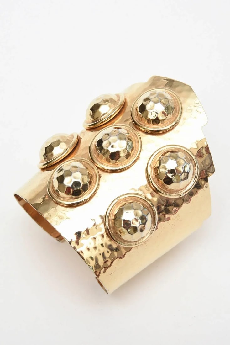 Vintage Brass Hand Hammered Wide Cuff Bracelet With Seven Raised Disks - 3