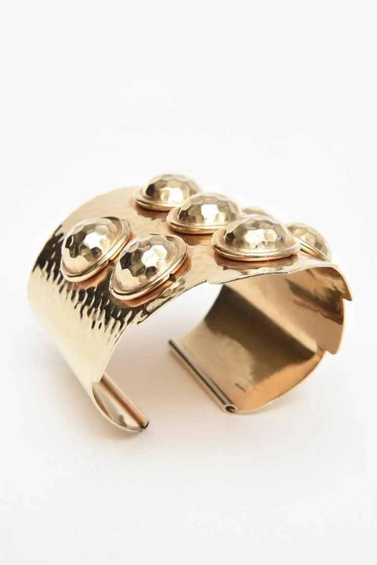 Vintage Brass Hand Hammered Wide Cuff Bracelet With Seven Raised Disks - 4