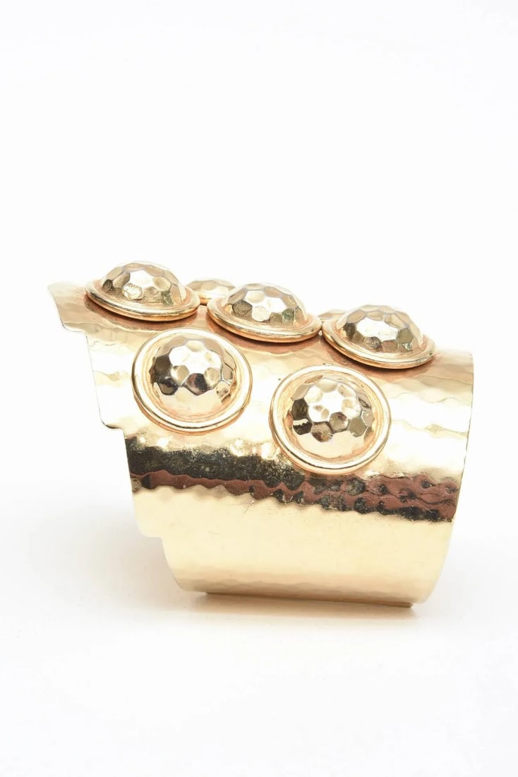 Vintage Brass Hand Hammered Wide Cuff Bracelet With Seven Raised Disks - 5