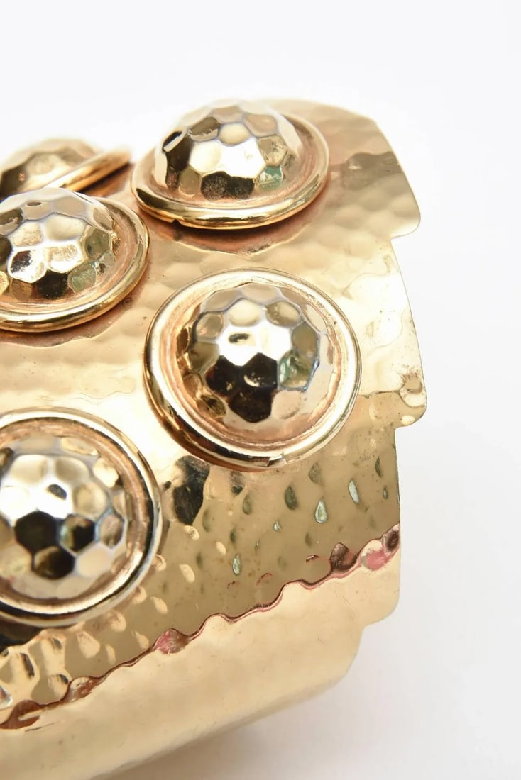 Vintage Brass Hand Hammered Wide Cuff Bracelet With Seven Raised Disks - 6