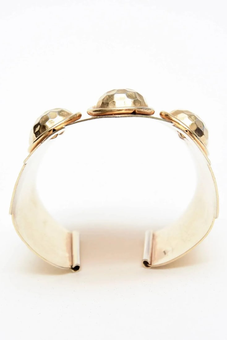 Vintage Brass Hand Hammered Wide Cuff Bracelet With Seven Raised Disks - 8
