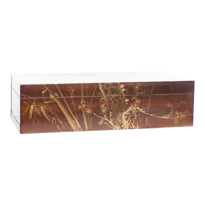 Lawrence & Scott Hand-Painted Mahogany Brown "Three Friends" Wide Leather Box: Showroom sample. An interior designer favorite on side table or nightstand. This lacquered top-grade water buffalo hide leather box features a hand-painted gold "Winter Three Friends" theme on all