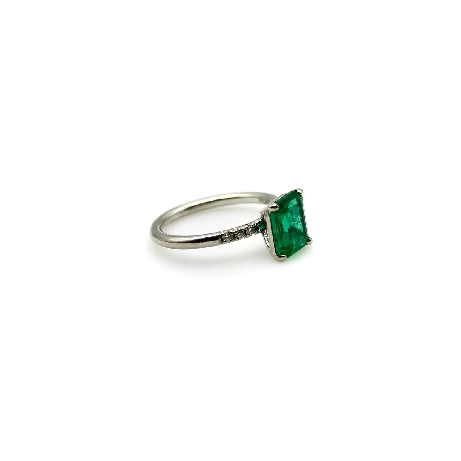 Platinum Emerald and Diamond Solitaire Ring Size 5.75 - 6