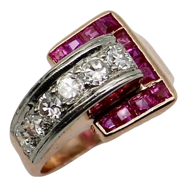 Retro 14K Gold Diamond and Ruby Buckle Ring Size 4.5: This is part of Chairish's Fine Jewelry assortment. The buckle ring has been seen in jewellery since the Victorian era, symbolising unending love. This 14k rose gold pinky ring features a retro versio
