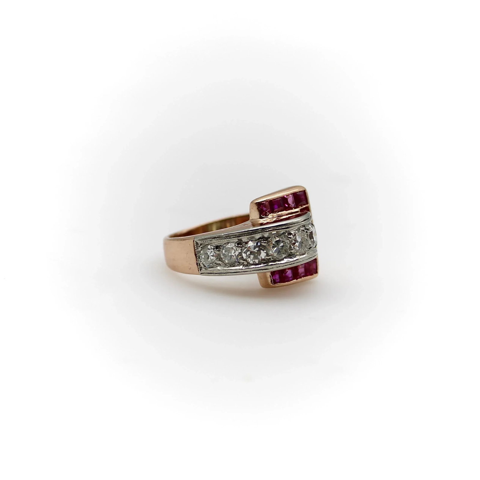 Retro 14K Gold Diamond and Ruby Buckle Ring Size 4.5 - 3