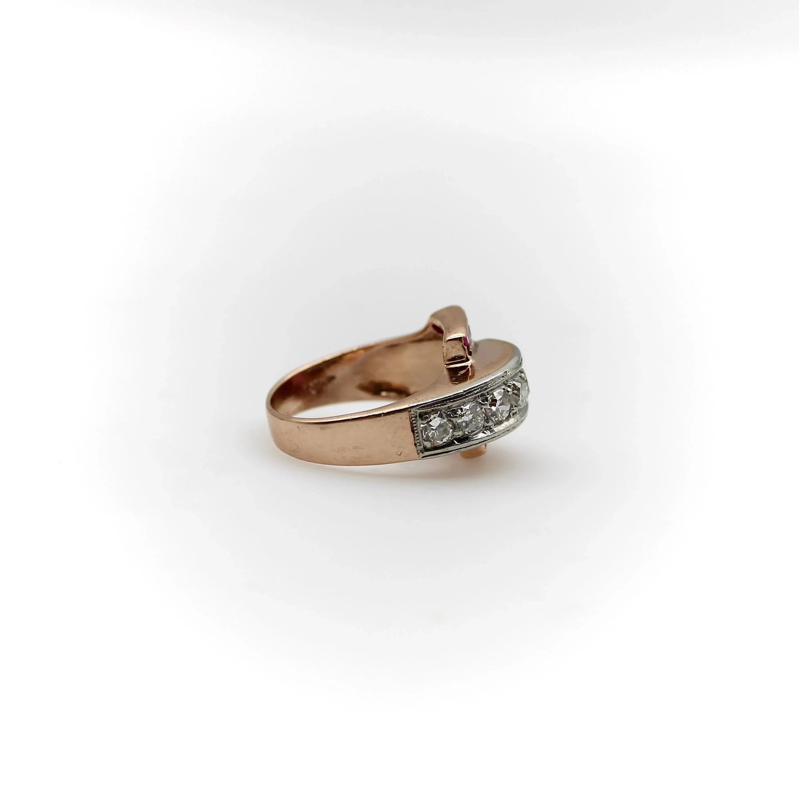 Retro 14K Gold Diamond and Ruby Buckle Ring Size 4.5 - 4