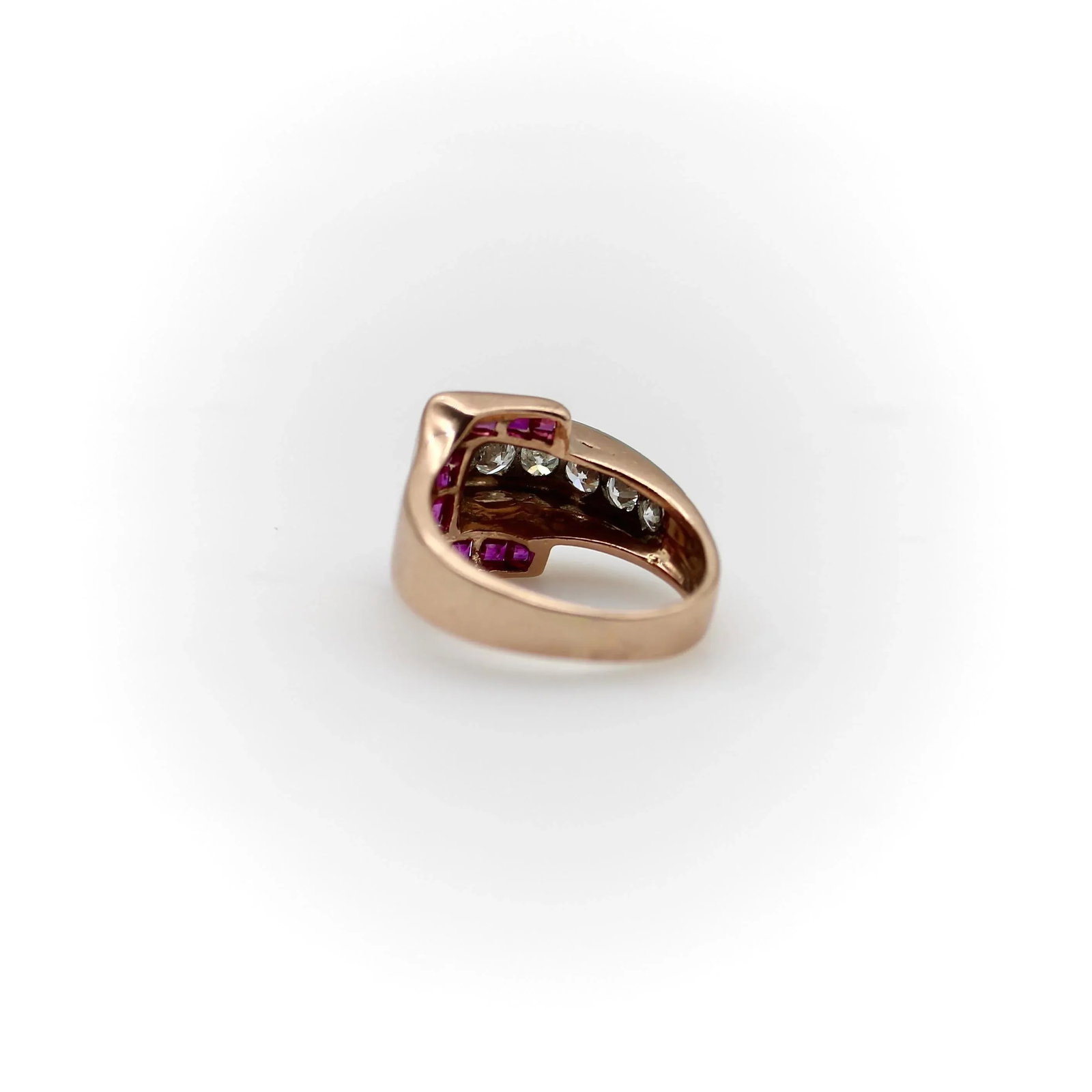 Retro 14K Gold Diamond and Ruby Buckle Ring Size 4.5 - 5