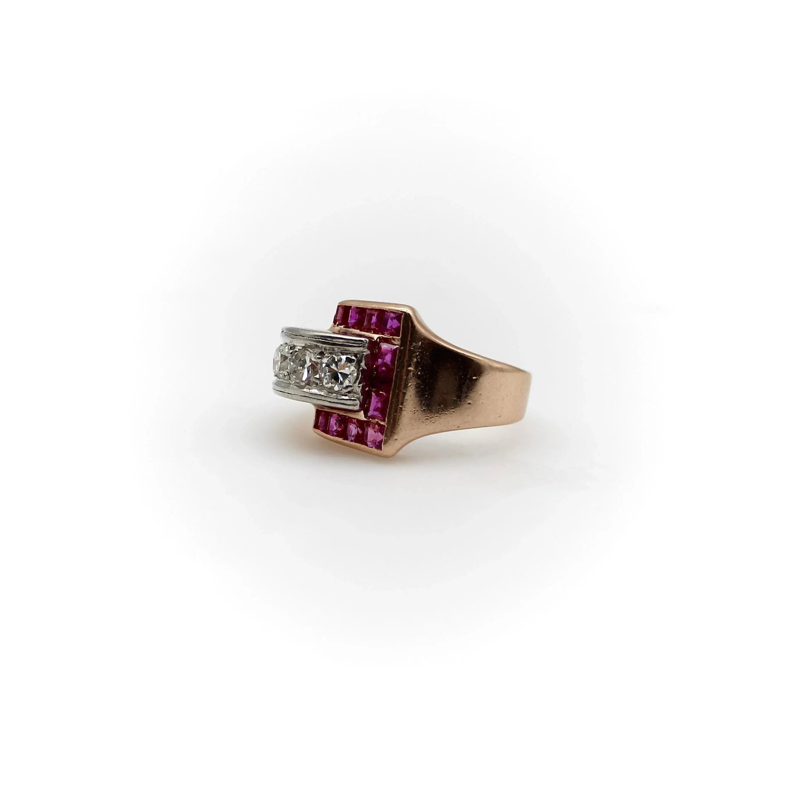 Retro 14K Gold Diamond and Ruby Buckle Ring Size 4.5 - 6