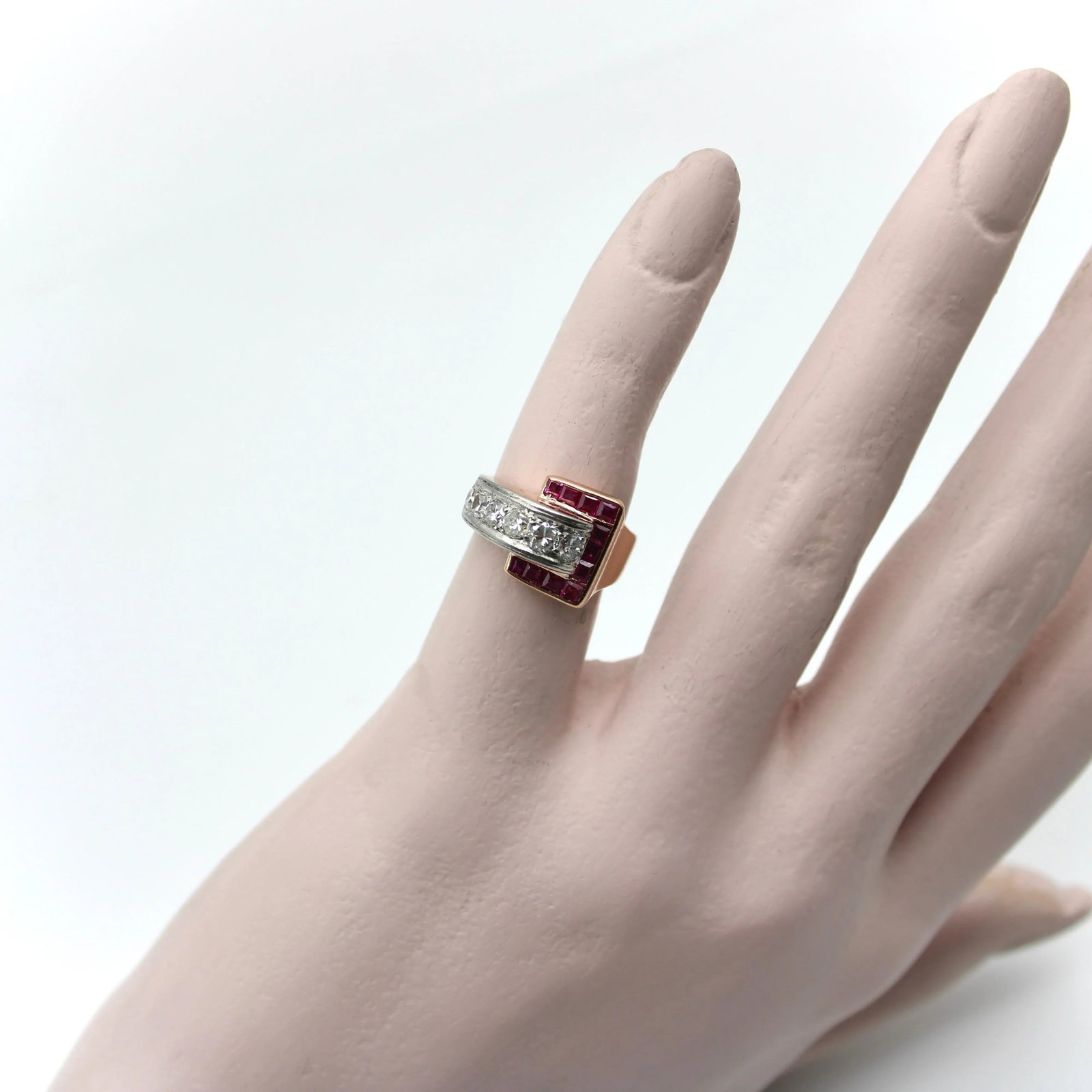 Retro 14K Gold Diamond and Ruby Buckle Ring Size 4.5 - 7
