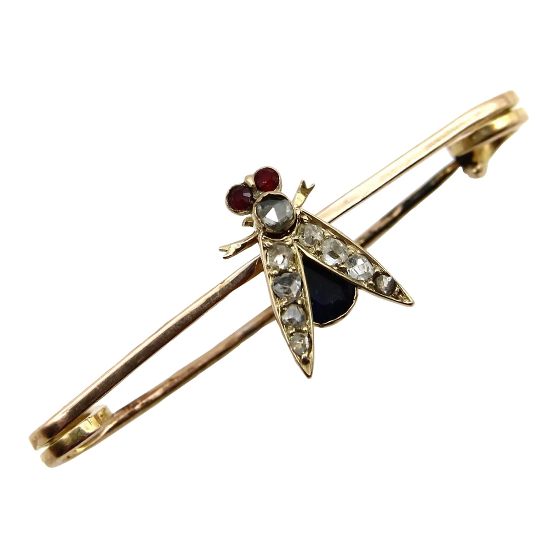 Victorian 9k Gold Fly Pin or Brooch With Diamonds, Rubies, and Sapphire: This is part of Chairish's Fine Jewelry assortment. Perched in the center of this 9k gold brooch is a beautiful jewel encrusted Victorian fly. The fly has ruby eyes, a Rose Cut diamond as its thorax,