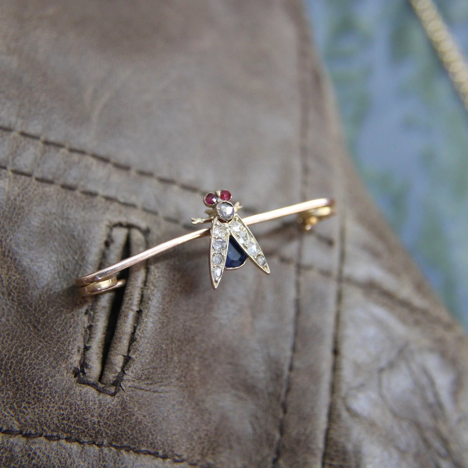 Victorian 9k Gold Fly Pin or Brooch With Diamonds, Rubies, and Sapphire - 4