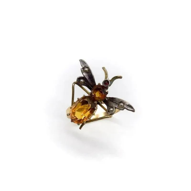 Art Nouveau 14K Gold and Silver Insect Ring with Topaz Size 7.5 - 5