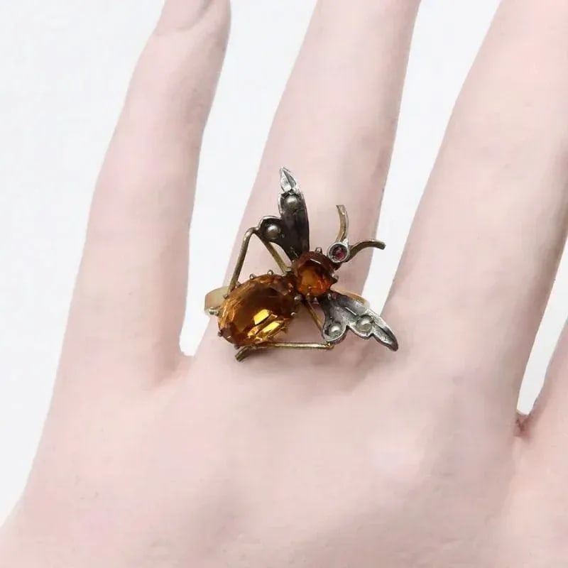 Art Nouveau 14K Gold and Silver Insect Ring with Topaz Size 7.5 - 6