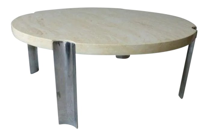 1970's Round Selig Faux Marble Flying Saucer Coffee Table with 4 Thick Chrome Legs: Large Round Selig Faux Marble Flying Saucer Coffee Table with 4 thick chrome legs sold as found measuring 40 inches in diameter and 16 inches high. Table is in good condition showing only slight