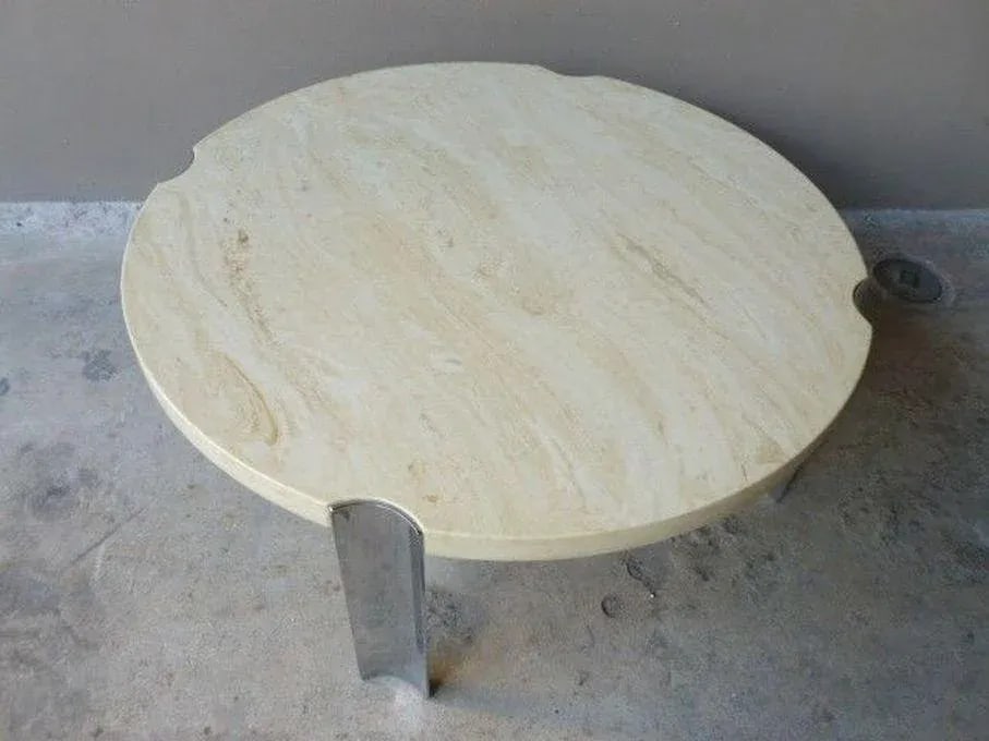 1970's Round Selig Faux Marble Flying Saucer Coffee Table with 4 Thick Chrome Legs - 2