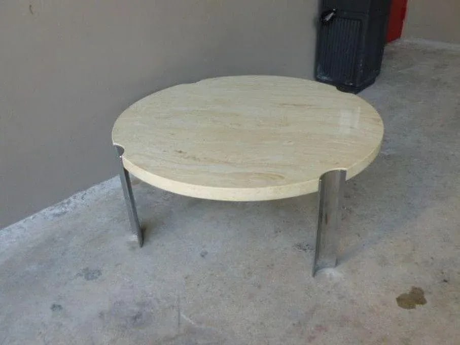 1970's Round Selig Faux Marble Flying Saucer Coffee Table with 4 Thick Chrome Legs - 4