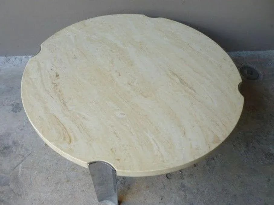 1970's Round Selig Faux Marble Flying Saucer Coffee Table with 4 Thick Chrome Legs - 5