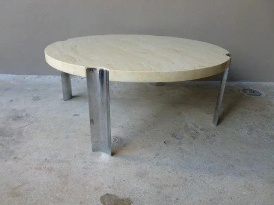 1970's Round Selig Faux Marble Flying Saucer Coffee Table with 4 Thick Chrome Legs - 7