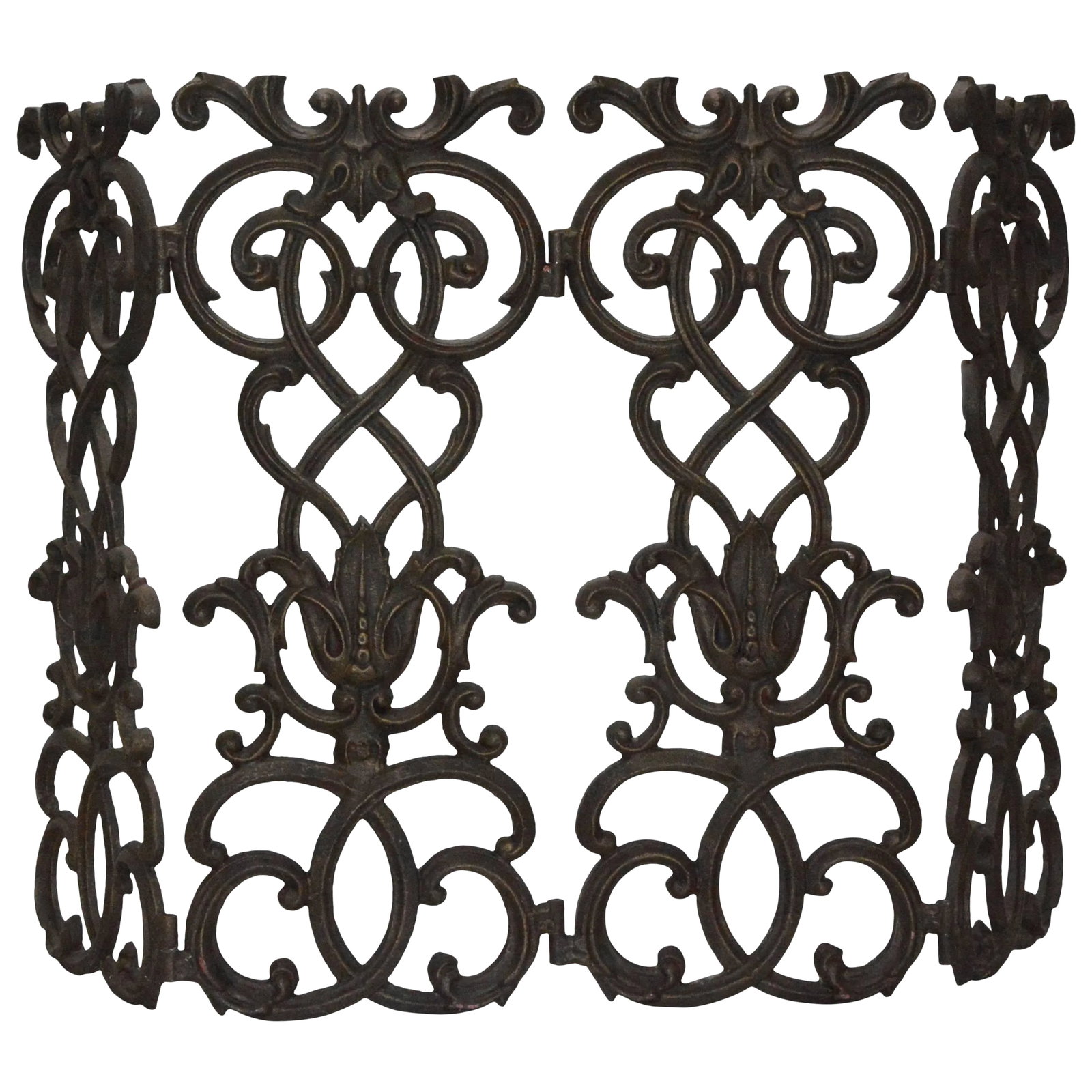 Victorian Cast Iron Fireplace Screen: We are featuring a fabulous cast iron fireplace screen from the Victorian era. The piece is a darl brass tone in color and has an intricate slit design throughout with scrolled lines and scrolled