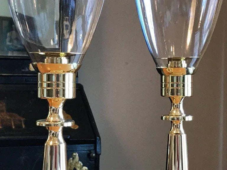 1950s Modern Tommi Parzinger for Dorlyn Silversmiths Brass Hurricane Candleholders - a Pair - 4