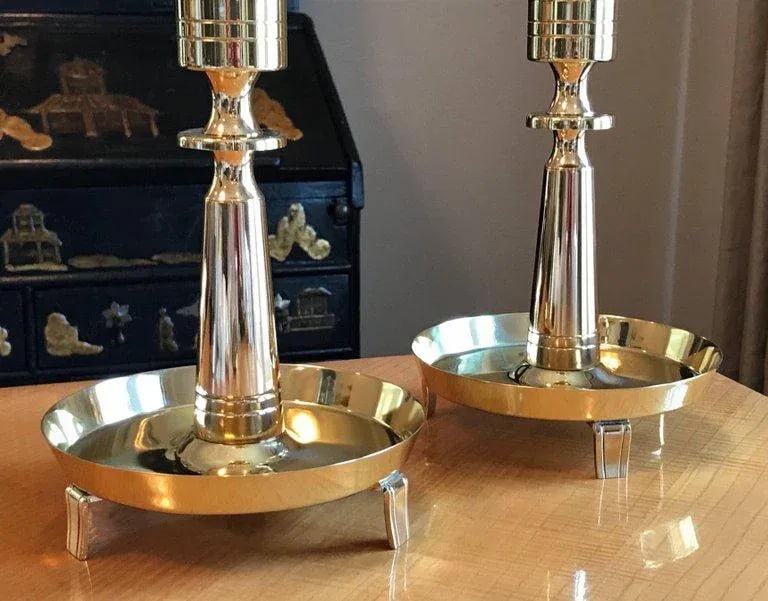 1950s Modern Tommi Parzinger for Dorlyn Silversmiths Brass Hurricane Candleholders - a Pair - 5
