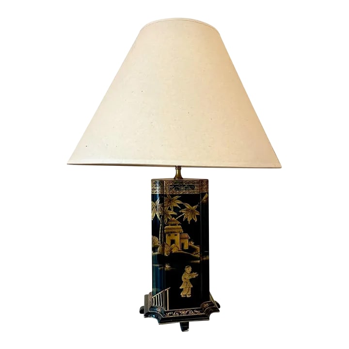 Vintage Black Lacquer and Gold Chinoiserie Table Lamp and Shade: Vintage Black Lacquer and Gold Chinoiserie Table Lamp. Base 16" high without harp and finial Cord - 90" long Shade - 28' W x 11.35" H Please Note: White lamp shade with black and gold mottled interior